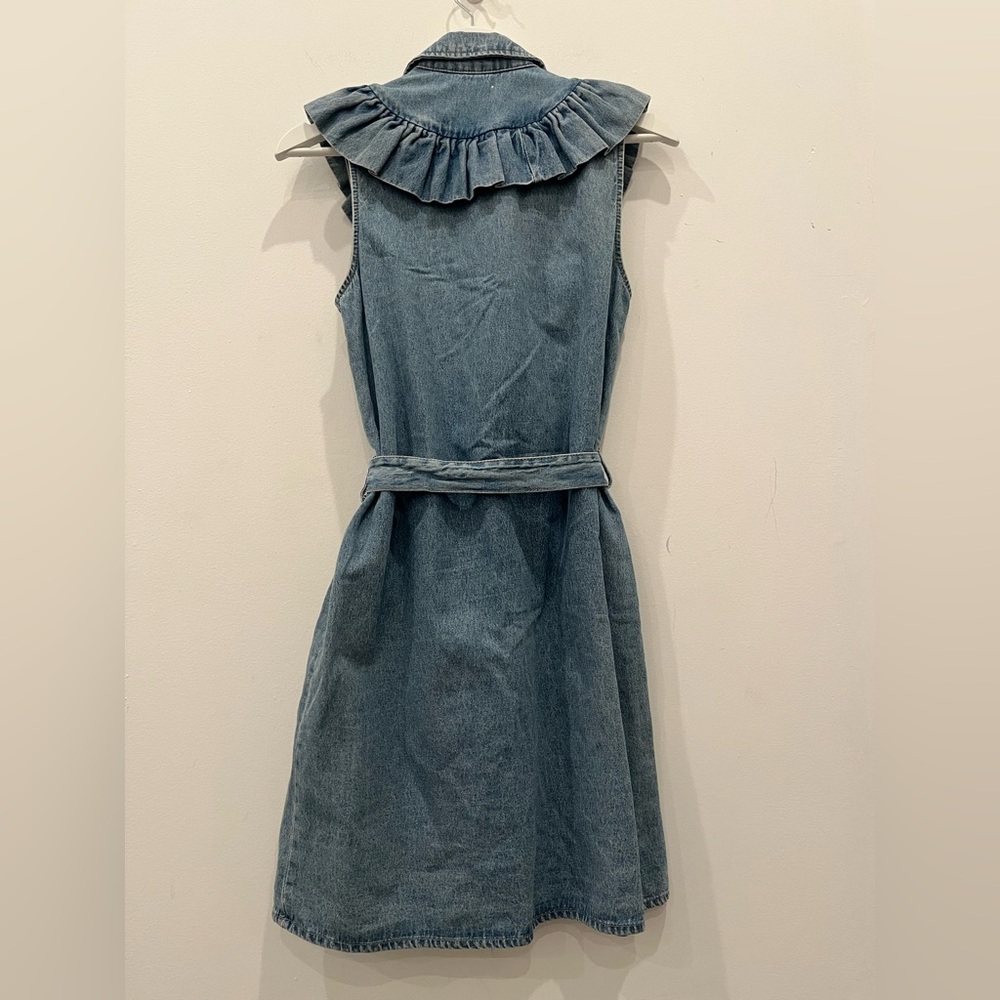 Stradivarius Denim Mini Belted shirt dress w/ruffle Boho Retro sz M flutter slee - Picture 2 of 6